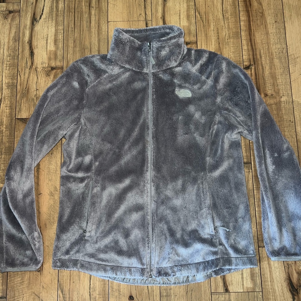 gray fuzzy north face jacket